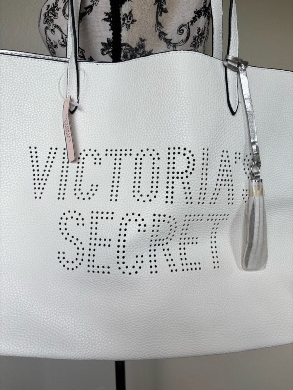 Victoria's Secret White Perforated Logo Tote with Tassel beach o every day bag - Picture 4 of 12
